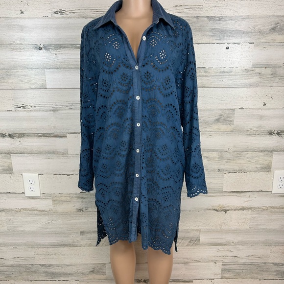 Amita Naithani Blue Long Sleeves Eyelet Button Front Collared Shirt Dress Large - Picture 1 of 12